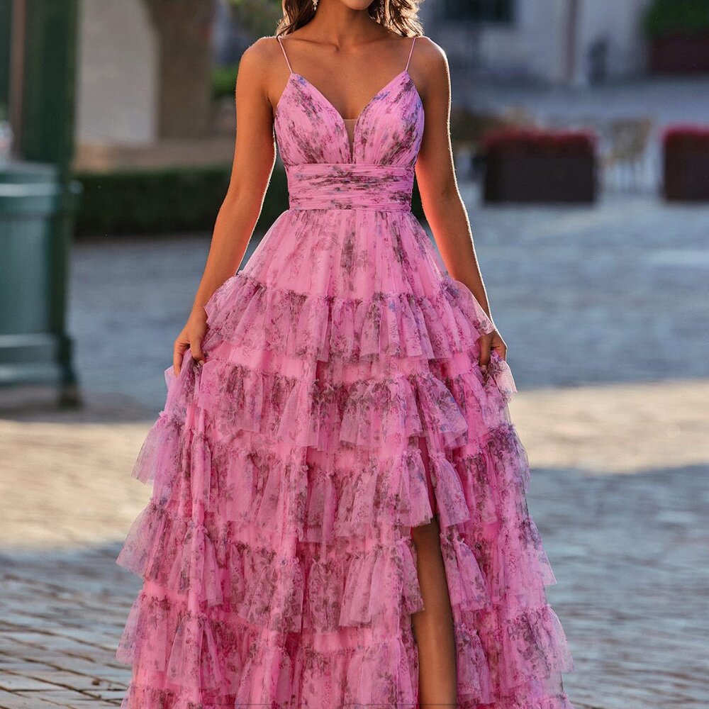 Stacees Pink Floral Tiered Prom Dress Sz 2 - Fast Shipping
